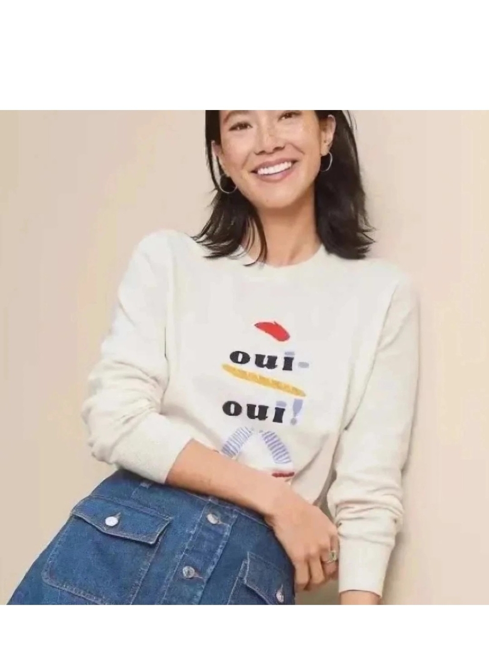 LOFT 100% Cotton Sweater Women Medium White Oui Oui Baguette Graphic Pullover